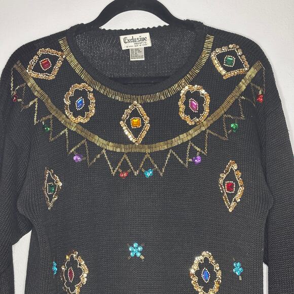 Vintage 90s Exclusive Imports Black Sequin Beaded Ramie Cotton Sweater Harlequin - Picture 2 of 10